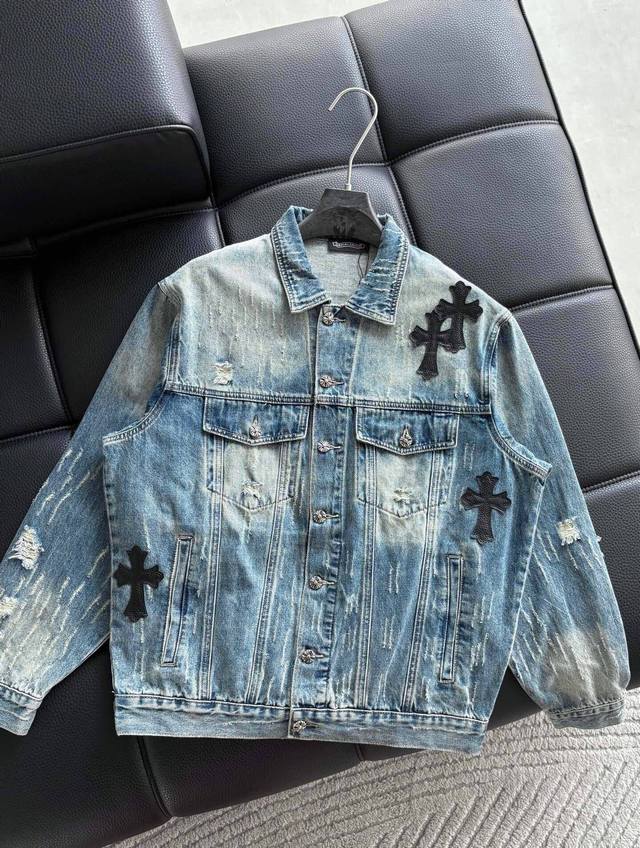 High-end custom-made pure cotton denim jacket with patchwork leather and cross