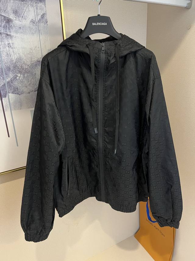 Size: SMLXL Unisex G*Ci Lido Lightweight Gg Nylon Hooded Zipper Jacquard Jacket.