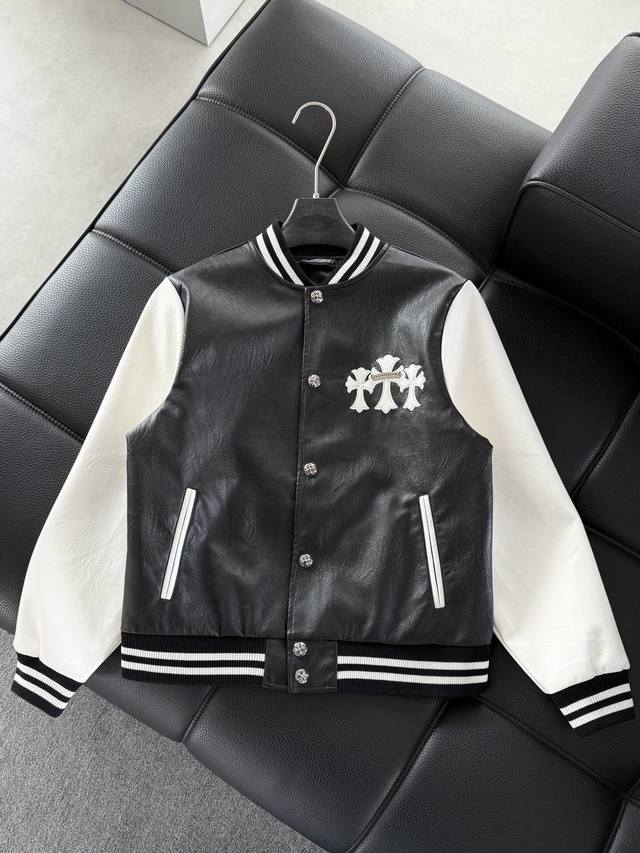 Jacket. Chrome Hearts new casual washed protein leather baseball jacket, custom