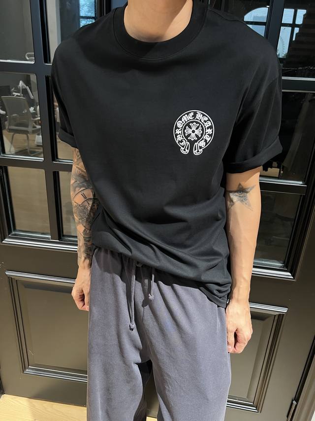 Chrome Hearts Summer New Horseshoe Sanskrit Cross Print Short-Sleeve T-Shirt -