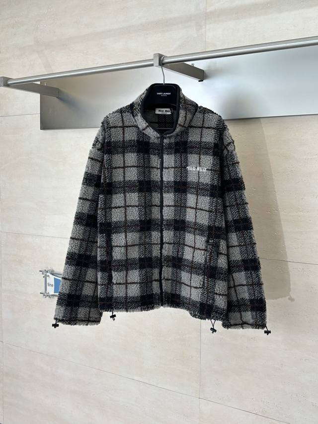 Miumiu* Miu Miu 25Fw New Zippered Letter Embroidered Plaid Fleece Jacket The loo