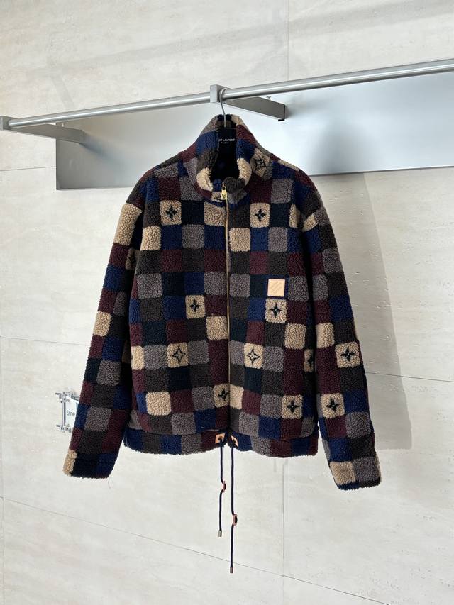 LV* Louis New Letter Badge Color Block Check Stand Collar Fleece Jacket Size: SM