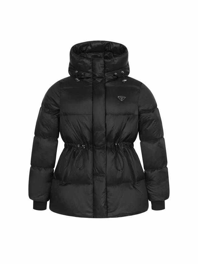 Prada 25Ss New Drawstring Waist Hooded Puffer Jacket. Features a classic invert