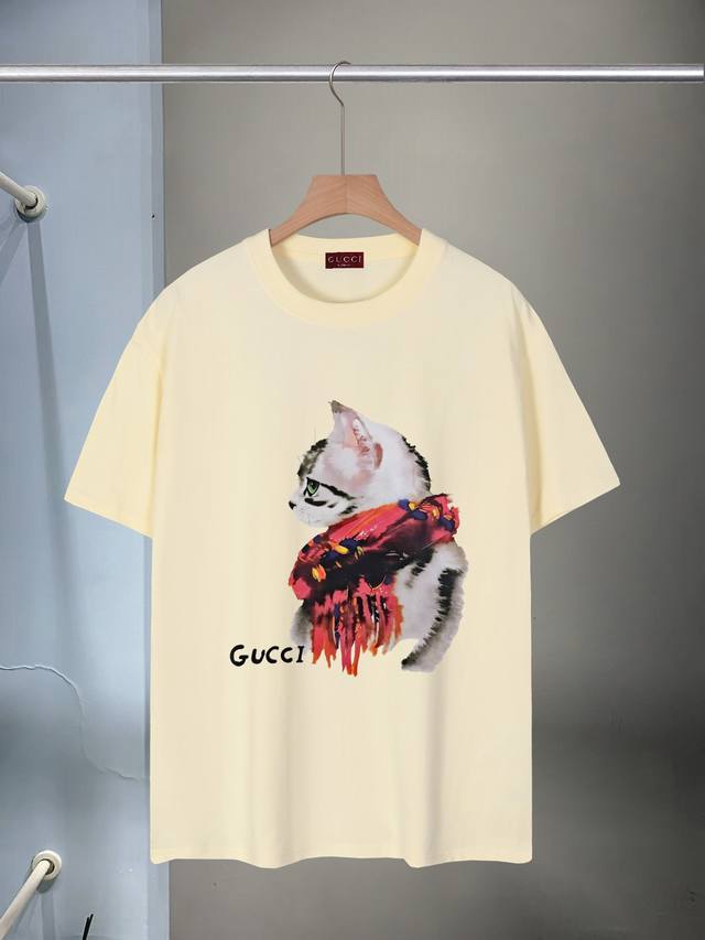 Gucci Cat Print Crew Neck T-Shirt, High-Quality Version, Stylish, Versatile, Tre