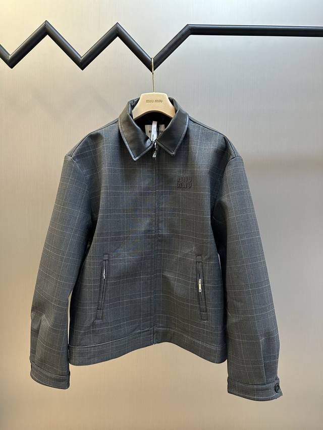 Miu Miu Collared Check Letter Embroidered Jacket Made of 350g wool blend plain w