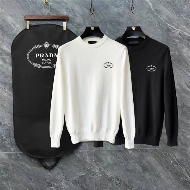 Prada 3-logo complete exquisite logo crew neck sweater Premium wool blend sweat