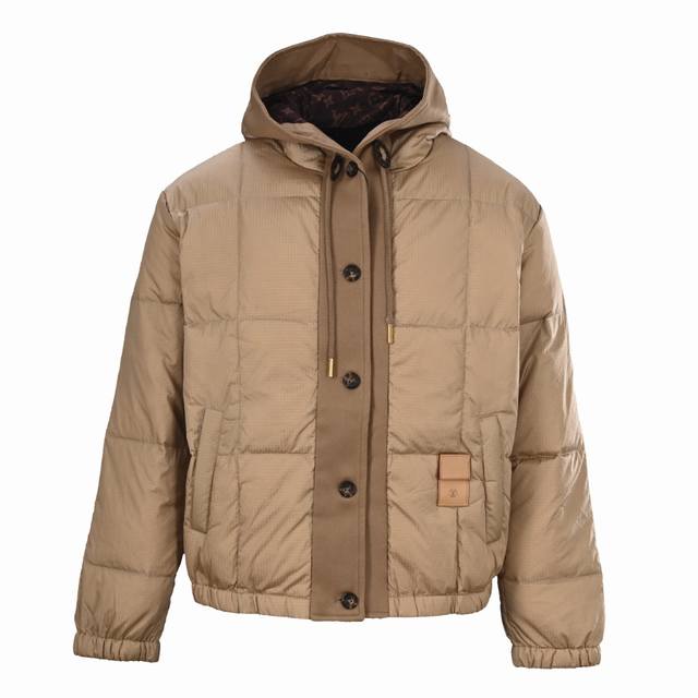 Louis Vuitton LV Embossed Leather Label Fine Check Hooded Down Jacket Custom Yb