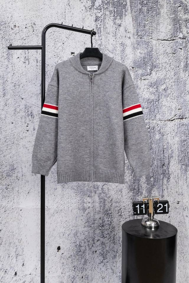 Thom Browne Classic Collar Zip-Up Knit Cardigan Sweater 1. Style and Fit: Crew n