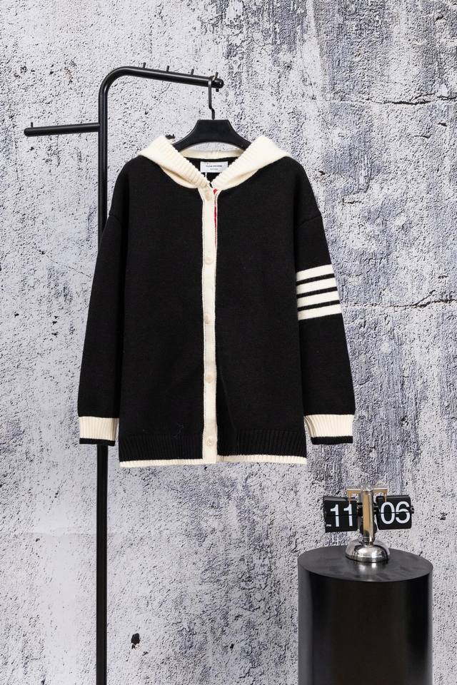 Thom Browne Classic Four Stripes Black and White Color-Blocked Hooded Knit Cardi