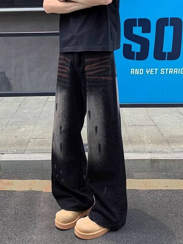 Style No. Xk3726 American Retro Distressed Jeans, Unisex Trendy Loose Straight