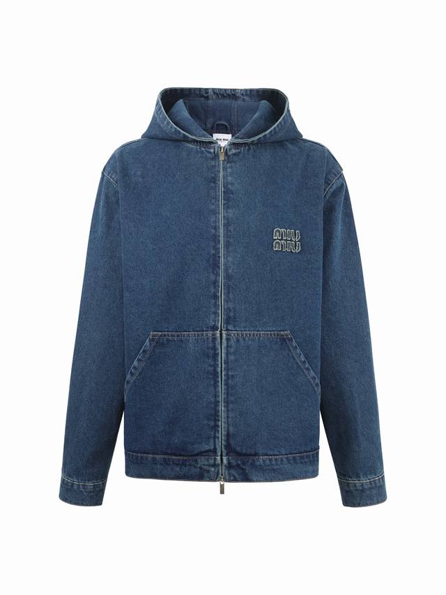 Miu Miu Hooded Embroidered Solid Color Long-Sleeve Zip-Up Denim Jacket Authentic