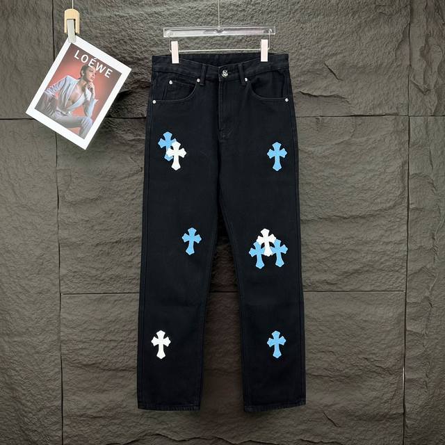 Chrome Hearts 2025 New Blue Cross Patchwork Couple Style Washed Jeans High Vers