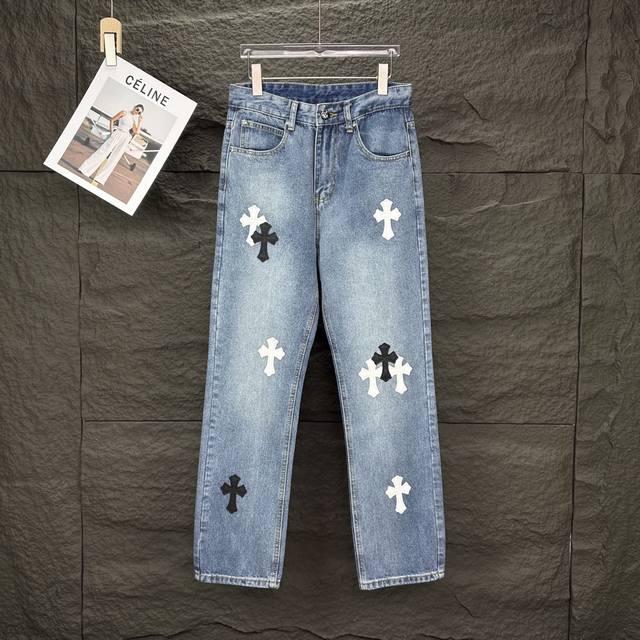 Chrome Hearts 2025 New Black Sanskrit Cross Patchwork Couple Style Washed Jeans
