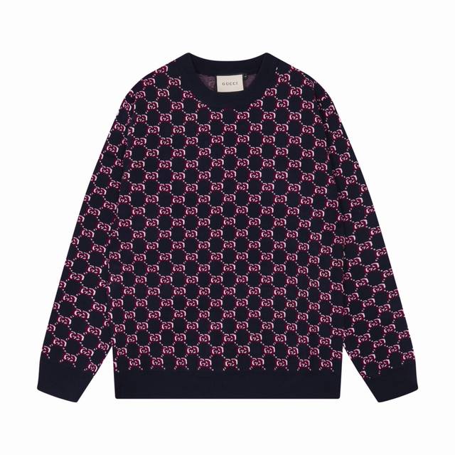 Gucci Double G Classic Logo Crew Neck Wool Sweater ( ) Color: Gray/Purple ( ) Si