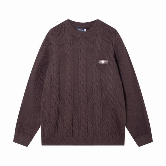 Lv Louis Vuitton cable knit striped leather tag crew neck wool sweater Color: Br