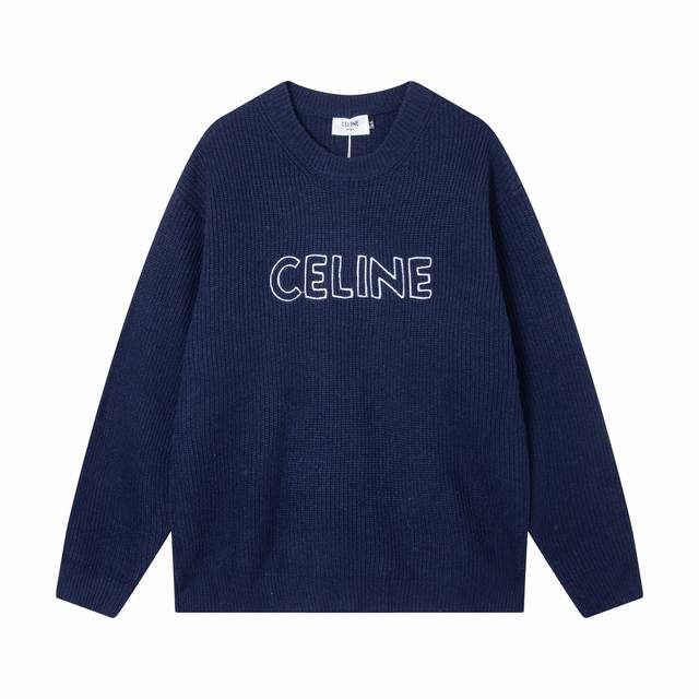 Celine Openwork Letter Embroidered Knit Wool Sweater Color: Blue Sizes: SML XL X