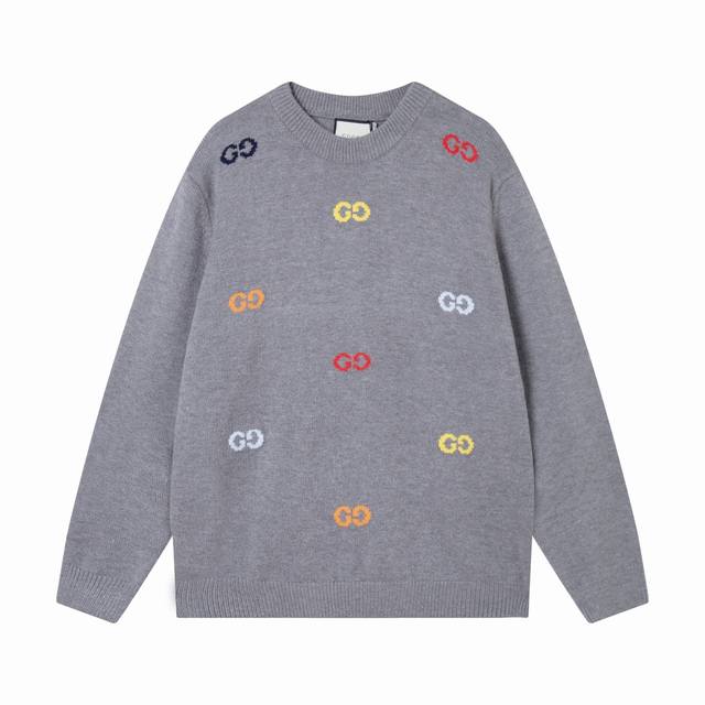Gucci Jacquard Multicolor Double G Logo Jacquard Crew Neck Sweater Colors: Gray,