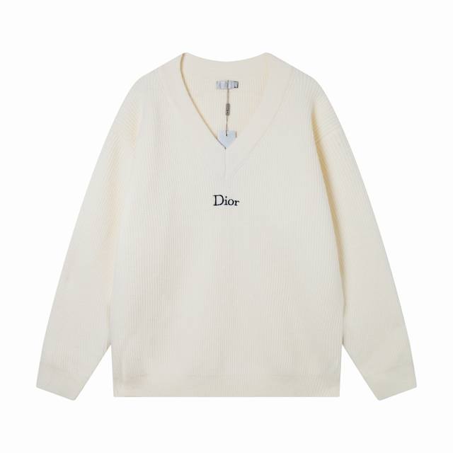 Dior V-neck Embroidered Logo Letter Knit Wool Sweater ( ) Colors: White, Gray (