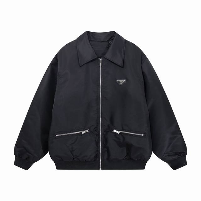 Prada 2025 Fall/Winter Classic Triangle Logo Hardware Bomber Jacket Color: Blac