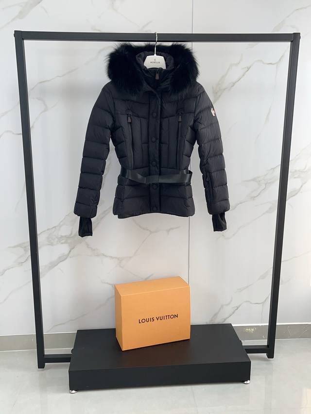 Premium Down Moncler Beverley Women's Hooded Ski Jacket with Fox Fur Trim. Devel