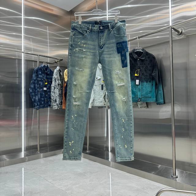 Rta Ripped graffiti + letter embroidery street style slim-fit stretch jeans, blu