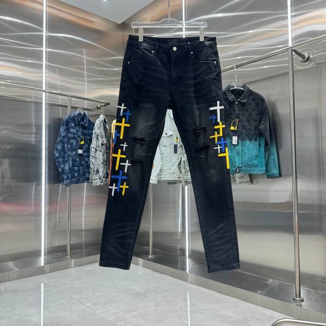 Rta Ripped + Cross Embroidery Street Style Slim Fit Stretch Jeans Color: Black S