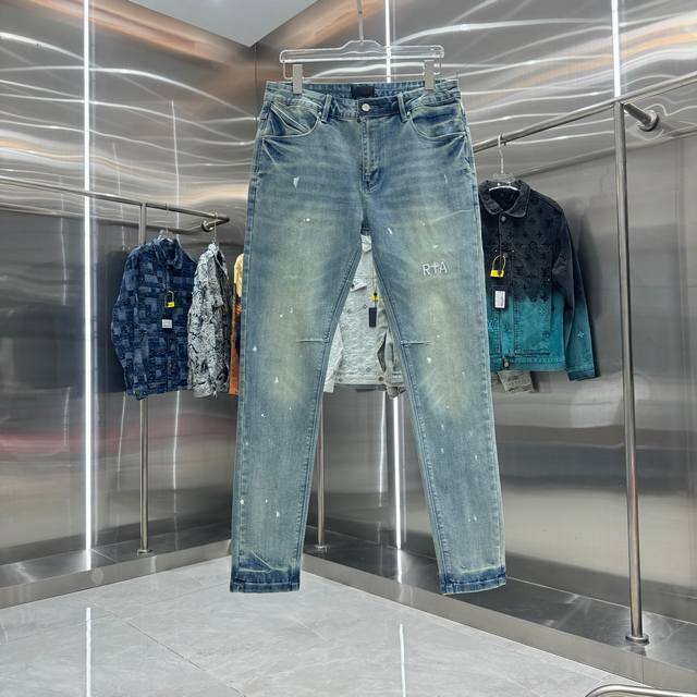 Rta Graffiti + Letter Embroidery Street Style Slim Fit Stretch Jeans Color: Blue