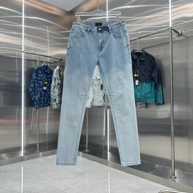 Rta Letter Embroidery Street Style Slim Fit Stretch Jeans, Light Blue, Sizes 30,