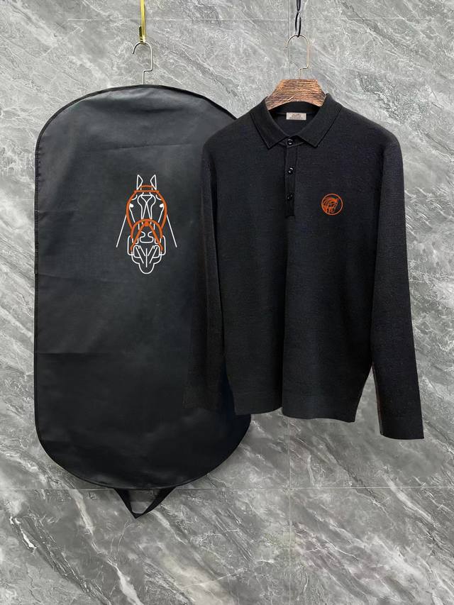Hermes Ss latest men's casual polo collar wool sweater. The fabric is delicate,