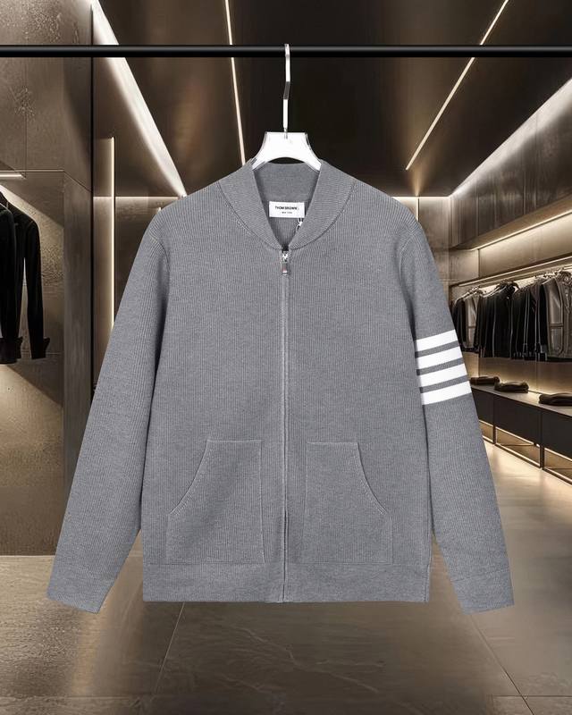 Thom Browne Tb Basic Classic Color Block Zipper Four Stripes Knit Cardigan Sweat