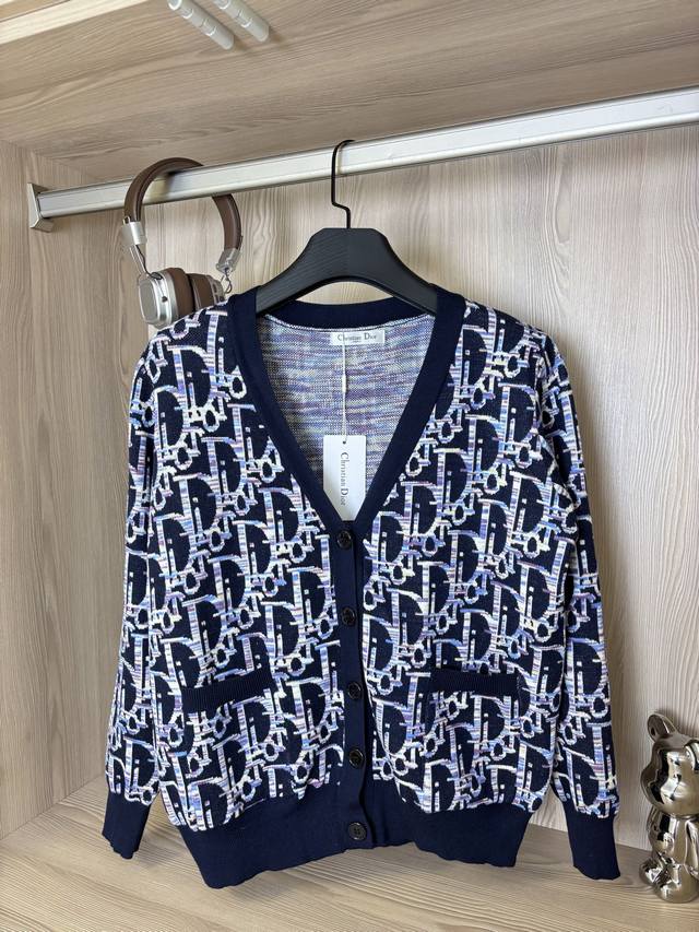 Style No.: Dc59# Dior Blue Wool Classic All-Over Print Jacquard V-Neck Cardigan