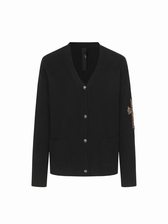 Ch Leopard Print Knit Cardigan Sweater with Appliqu