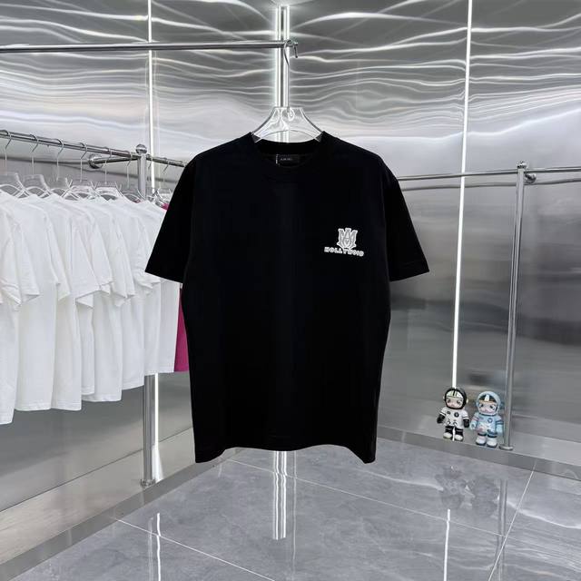 Amlri 2025 Spring/Autumn New Arrival 320g Round Neck Short Sleeve Flocked 3D Sil