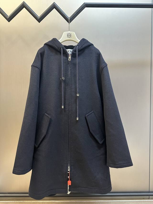 Loewe Leather Label Hooded Long Coat Custom-dyed heavy-duty double-faced wool fa