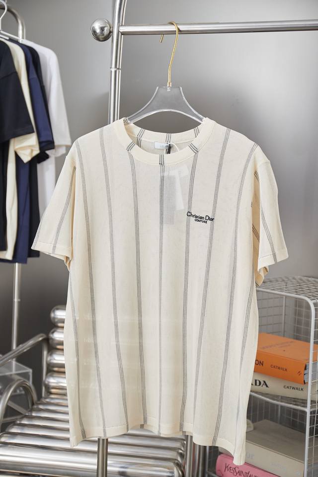 Di0R Loose Fit T-Shirt Beige Striped Cotton and Linen Blend Plain Knit Fabric Ch