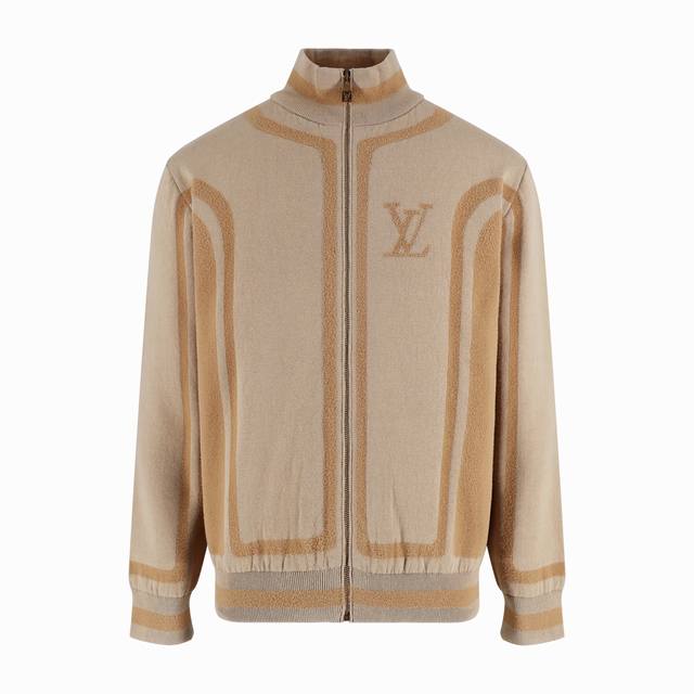 LV 26Ss Two-tone patchwork knit jacquard zip-up jacket. This two-tone knit zip-u