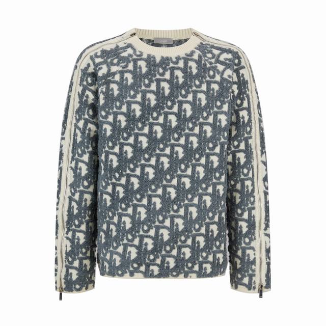 Cd 24Ss Towel Embroidery Jacquard Zipper Crew Neck Sweater, Blue (Originally pur