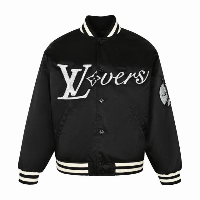 LV 24Ss Rhinestone Embroidered Padded Baseball Jacket Black Original version pur