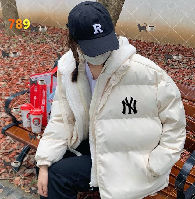 Mlb New Winter Faux Two-Piece Lambswool Patchwork Winter Couple Hooded Cotton Ja