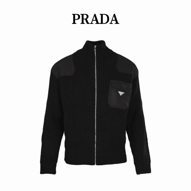 Prada PRD Triangle Logo Patchwork Knitted Sweater Cardigan. Made with custom Au