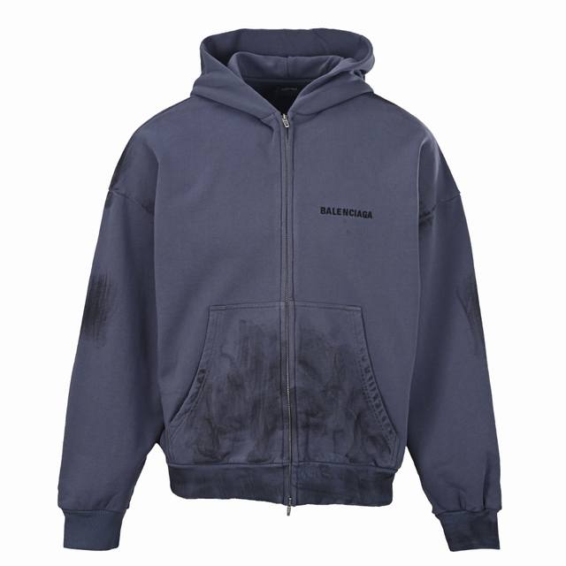 Balenciaga (Blcg) Distressed Embroidered Hand-Painted Zipper Hooded Sweatshirt J