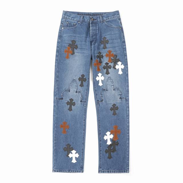 High-quality Chrome Hearts distressed jeans with a leather label and cross-stit