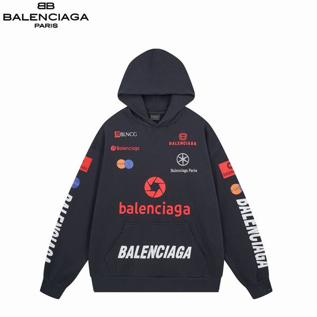 Balenciaga 25Ss Multi-logo Printed Hooded Sweatshirt ( ) A distressed, vintage-s