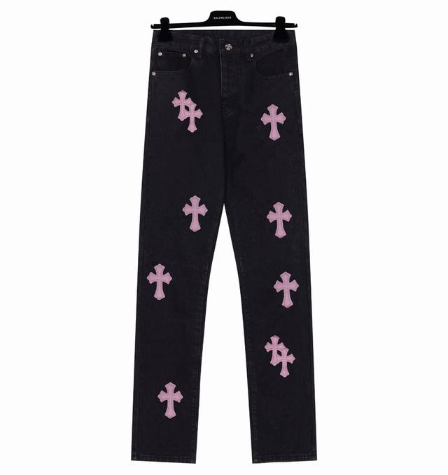 High-quality Chrome Hearts pink leather label cross-stitch washed jeans, unisex