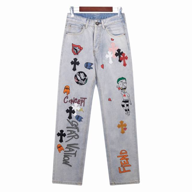 High-version Chrome Hearts quirky graffiti washed distressed jeans, unisex. Aut