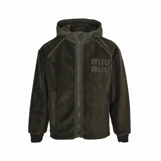Miumiu Embroidered Letter Fleece Hooded Jacket Made of polyester filament, this