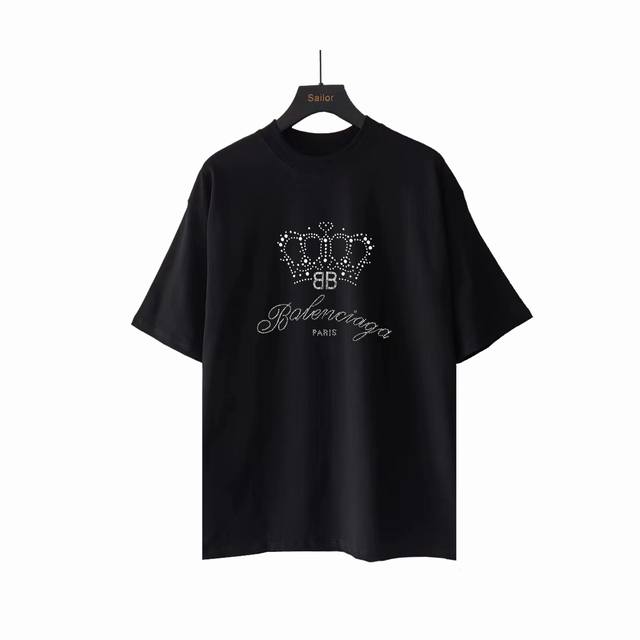 Real Shot Details + Size Chart Balenciaga New Crown Rhinestone Washed Short-Slee