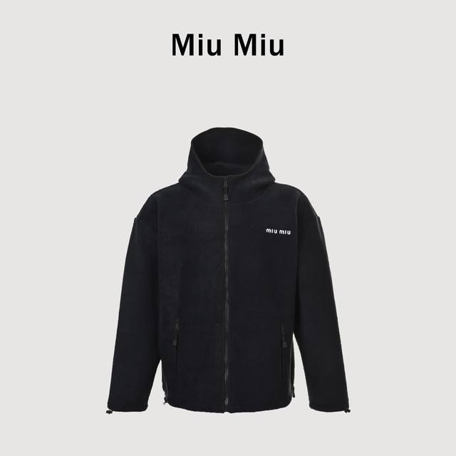Miumiu Navy Blue Lambswool 380g Cloud-like Fleece Classic Embroidered Letter Hoo