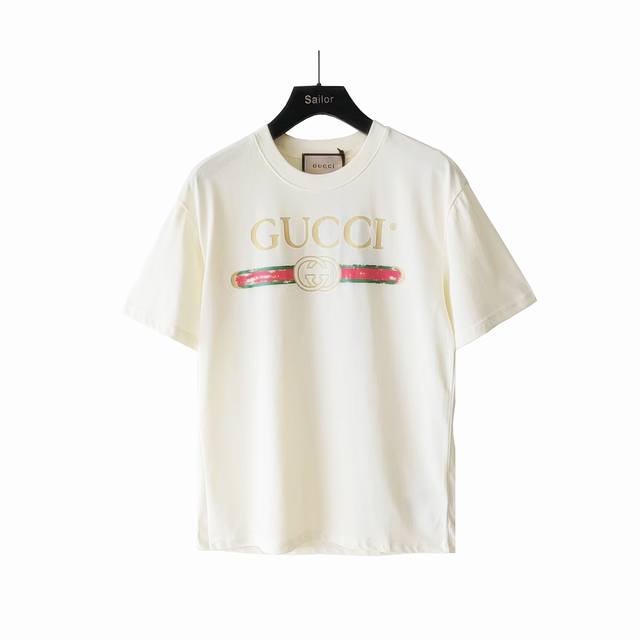 Real shot details + size chart Gucci distressed belt logo crew neck short-sleeve