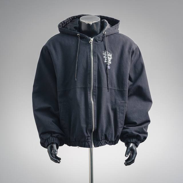 Stussy Washed Distressed Letter Embroidery Black Hooded Workwear Cotton Jacket